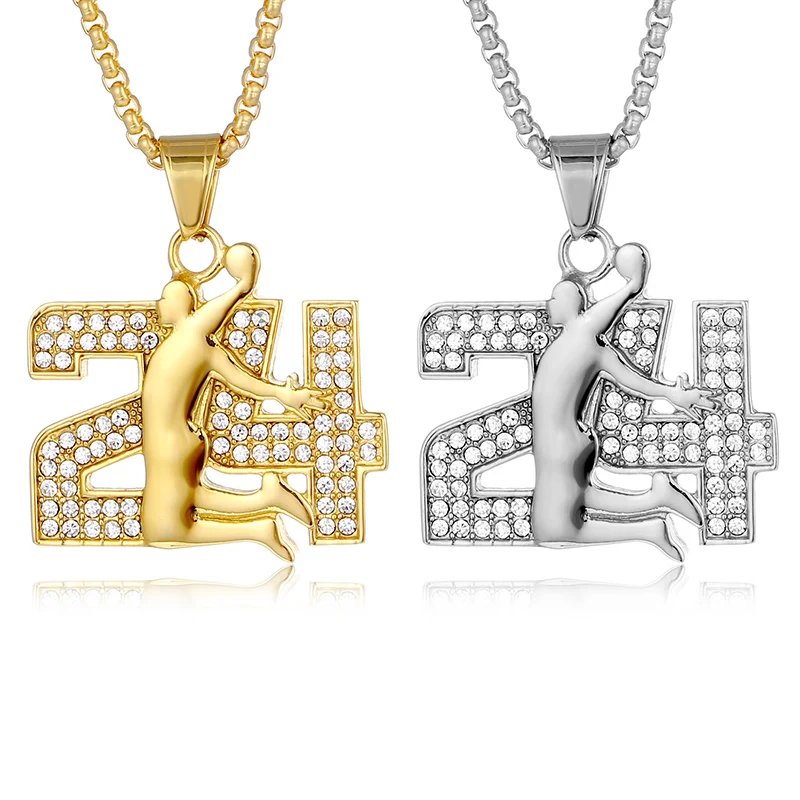 

Hip Hop Bling Iced Out Stainless Steel Basketball Slam Dunk Number 24 Pendants Necklace for Men Rapper Jewelry Gold Silver Color
