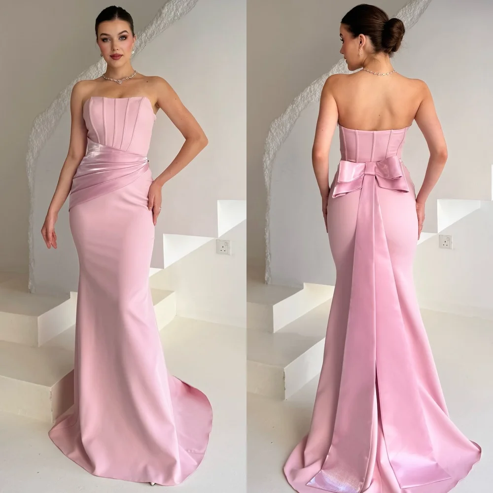 

Customized Elegant Simple Jersey Bow Ruched Mermaid Strapless Long Dresses Bespoke Occasion Dresses Sizes Available Modern Style