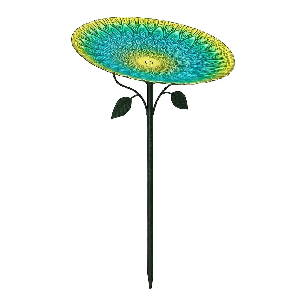 Peacock Green Metal Bird Water Basin 83cm Tall 24.5cm Round Tray with Secure 3-Prong Ground Stake for Outdoor Wildlife Areas