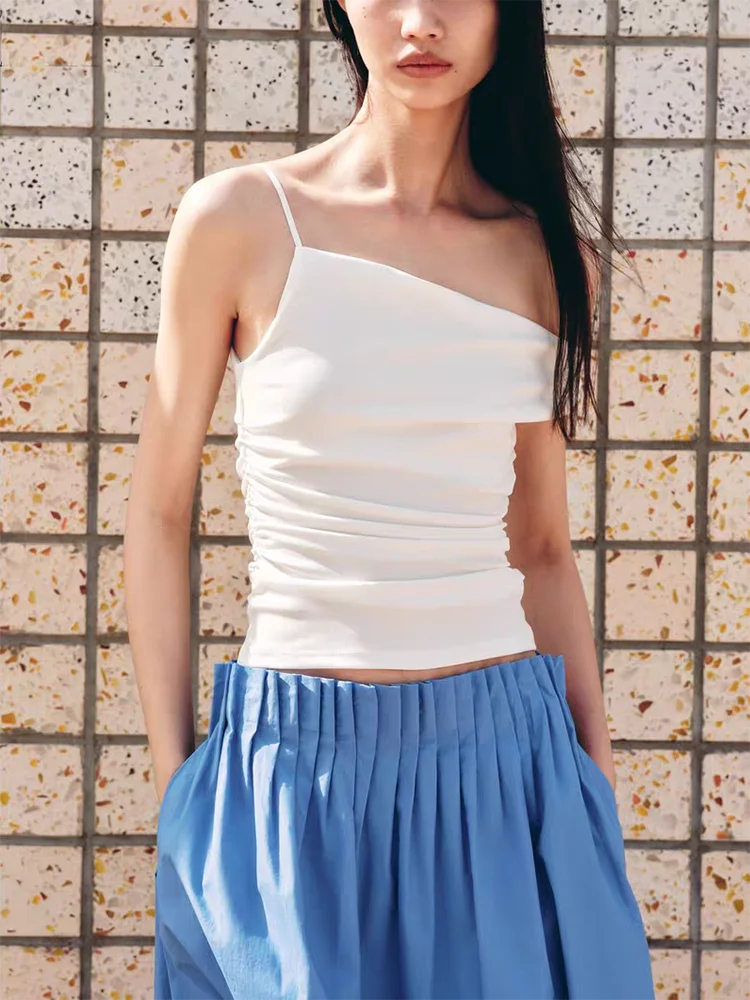 

New Summer Women's Pure Color Slim Fit Asymmetric oulder Bared Pleated irt Commute Sle Regular Length Svel Top