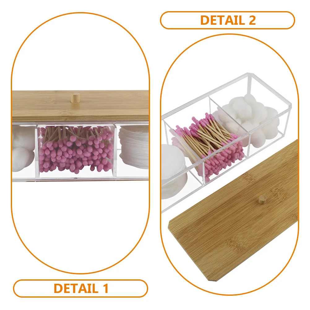 

Cotton Swab Box 3 Compartment Bamboo Lid Acrylic Organizer Bathroom Countertop Storage Container Multiple Compartments