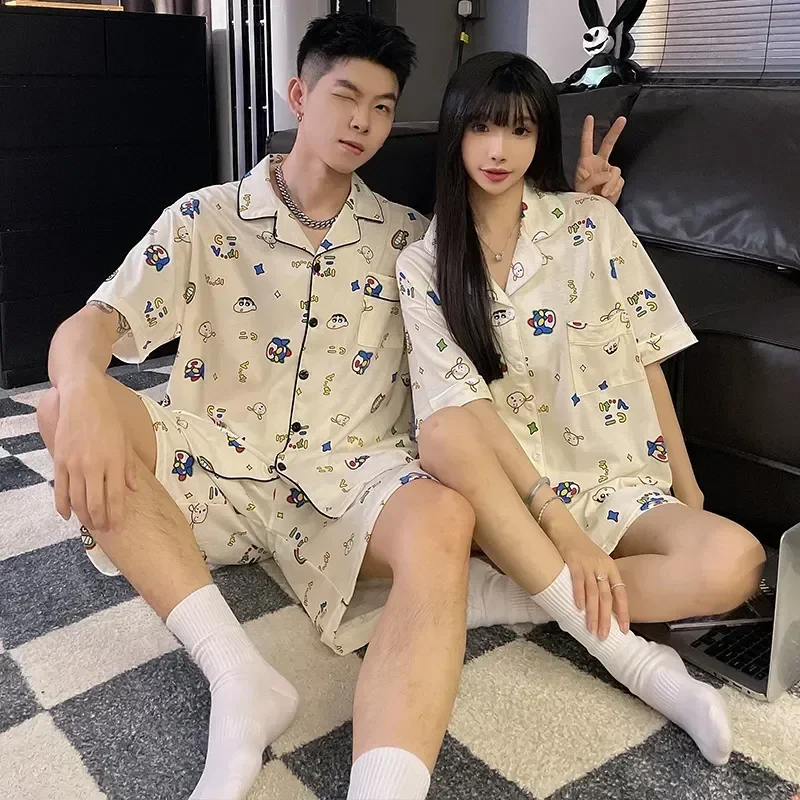 

Cartoon Couple Cotton Korean Sets Pyjama Sleepwear Short Summer Women Suit Men For Homewear Sleeve Pajama Home Clothes Cute 2023