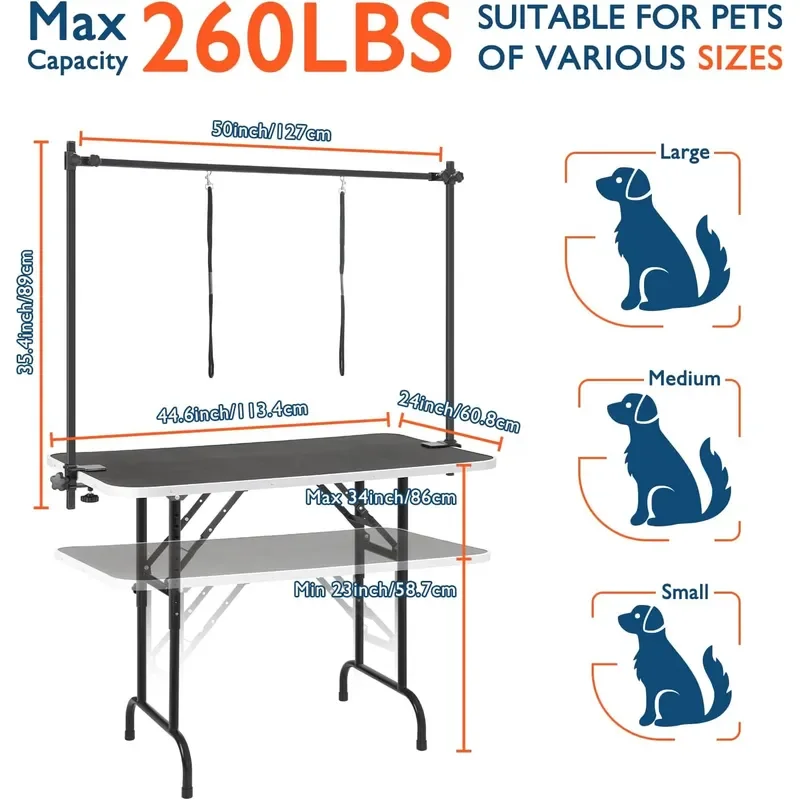 45 Height Adjustable 23 33.8 and Foldable Pet Dog Grooming Table Heavy Duty Iron Frame with H Shape Grooming Arm Noose