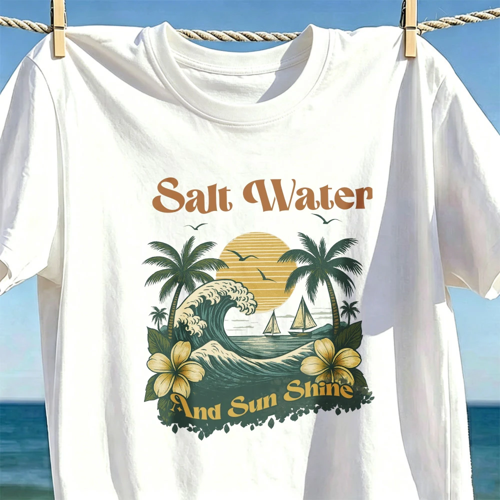 Salt Water And Sun Shine Graphic Tee Tropical Palm Sailboat Sunset Summer Vacation Men WomenCotton Top Breathable Summer Shirt