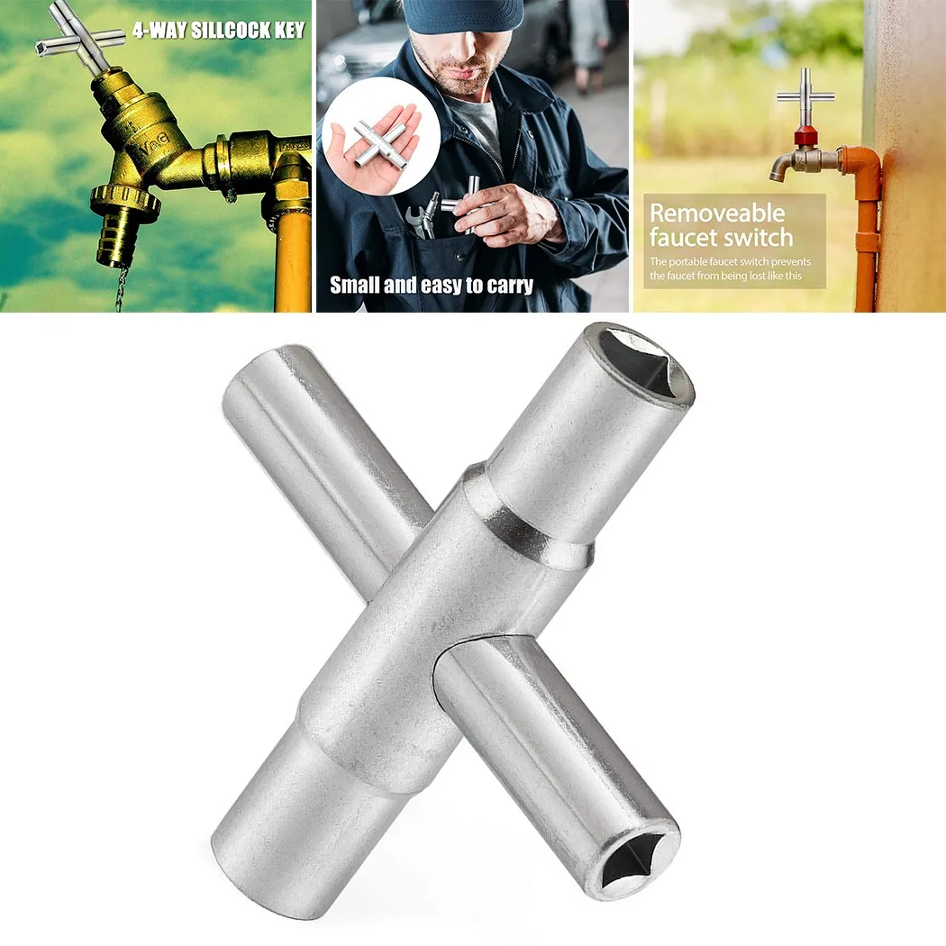 Silver Sillcock Keys Steel Valve 4-way Accessories Bib Fitting For Hose Key Replacement Spigot Practical Silver