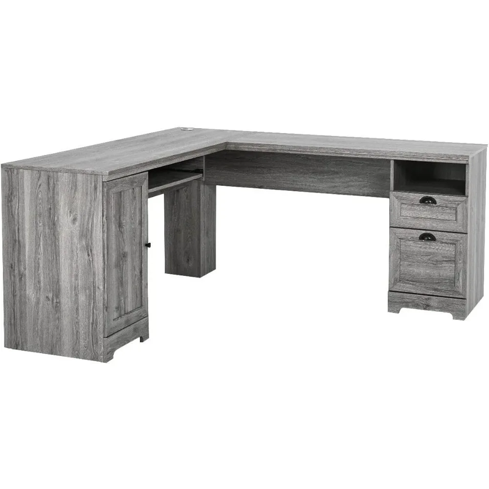 

L-Shaped Corner Computer Desk SlideOut Keyboard Tray Ample Storage Space With 2 Drawers 1 Storage Cabinet 1 Open Shelf Laptop No