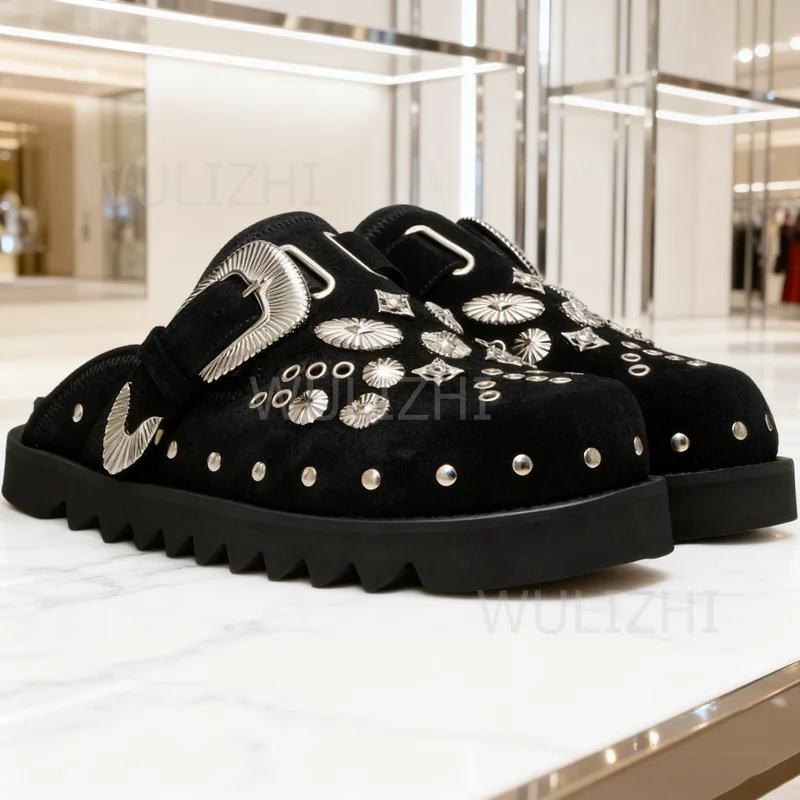 

Burgundy Brown Metal Buckle Slippers Men Black Leather Round Toe Flats Suede Rivet Trim Loafers Winter Street Style Shoe