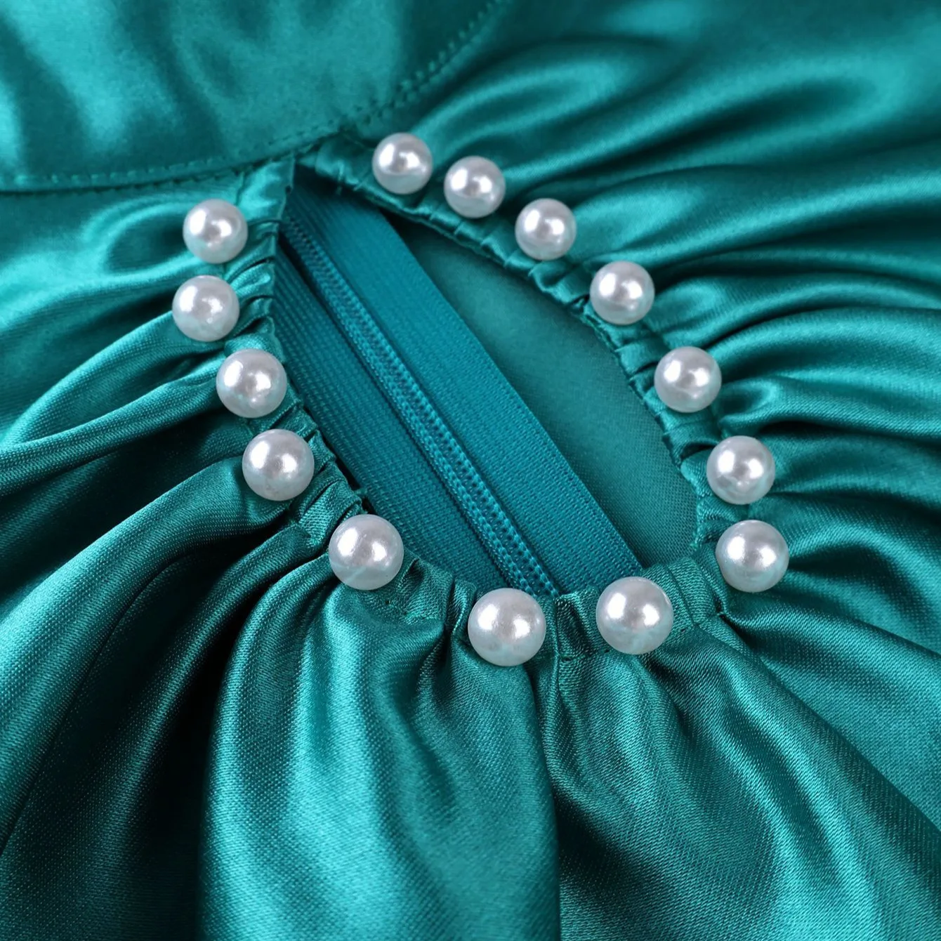 Plus-size Women's Lake Green Satin Waist-cinching Top With Stand-up Necklace, Pearl Embellishments, Hollowed-out Design  design, - view 2