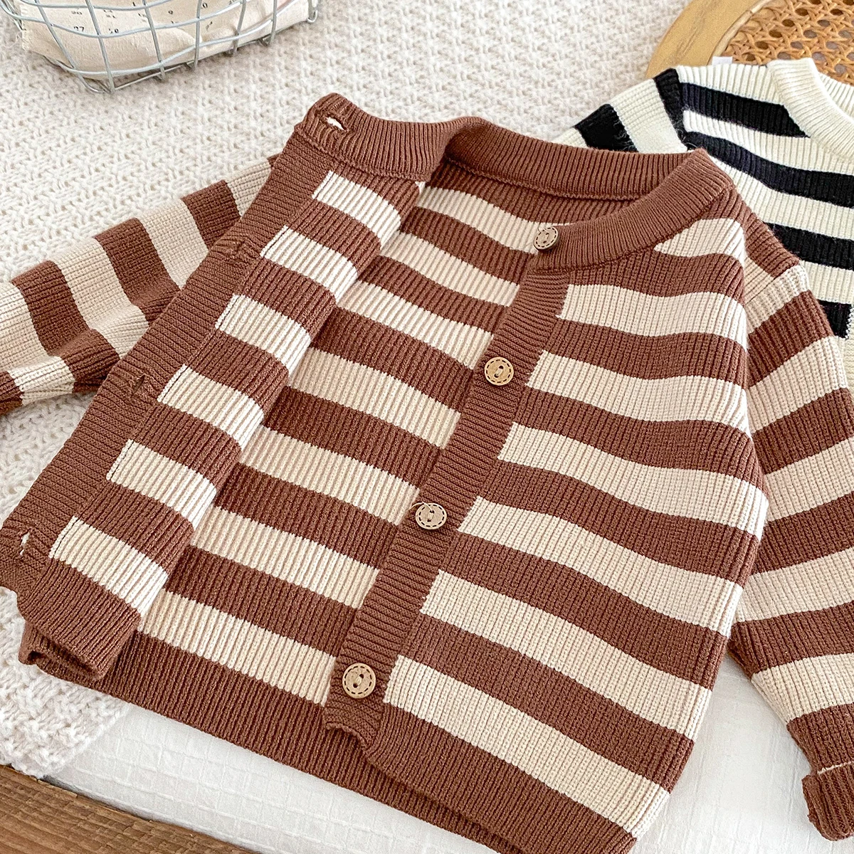 Baby clothes Korean Western style spring and autumn sets for outdoor wear, wide striped sweaters for infants and young children,