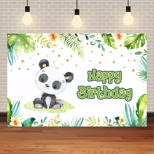 Imagen 2 del producto Fondo de decoración para fiesta de cumpleaños con tema de Panda bonito, animales pequeños, fondo de flores, tela, escena de fotografía para niños