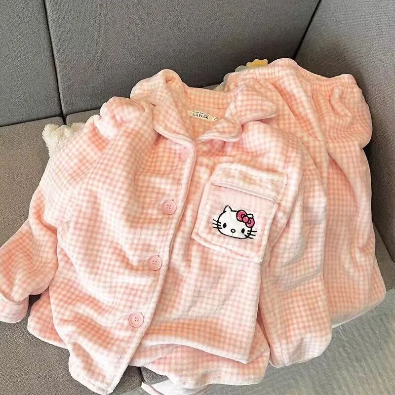 Hello Kitty Coral Velvet Pajamas Women\'s Autumn and Winter Long Sleeves with Thick Velvet Cartoon Cute Home Clothes Winter Set