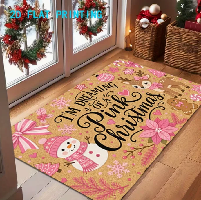 2D Flat Printing, Pink Christmas Theme Cartoon Floor Mat, Snowman and Reindeer Pattern Non-Slip Entrance Rug Carpet Decoration