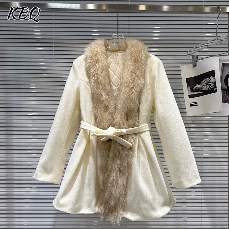 

KBQ Solid Spliced Feather Loose French Style Trench Coat for Women Slash Neck Long Sleeve Cotton Windbreaker Jacket Female New