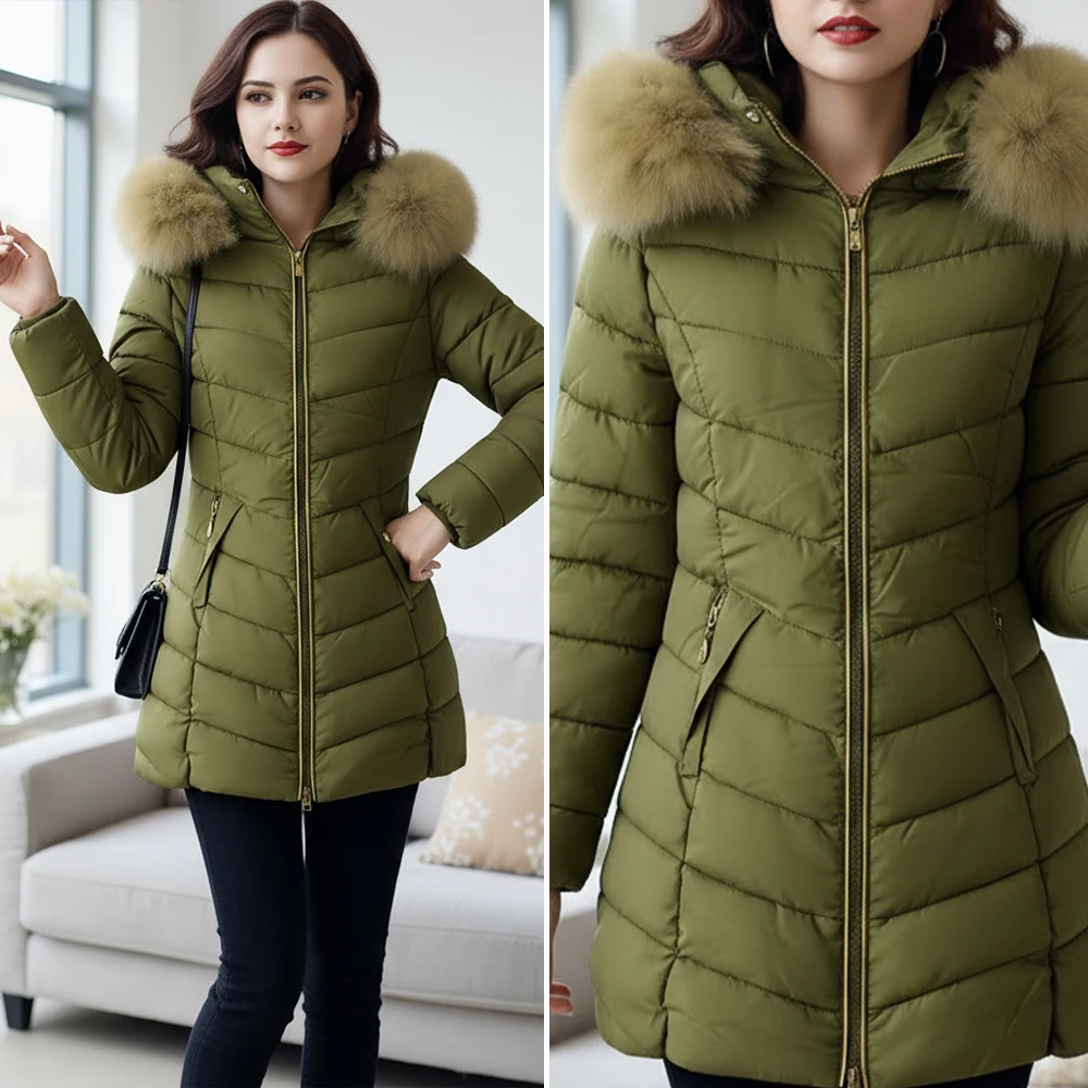 

Women's Winter Coats 2025 Trendy Quilted Long Puffer Jacket Detachable Faux Fur Hood Long Sleeve Zip Front Cold Weather