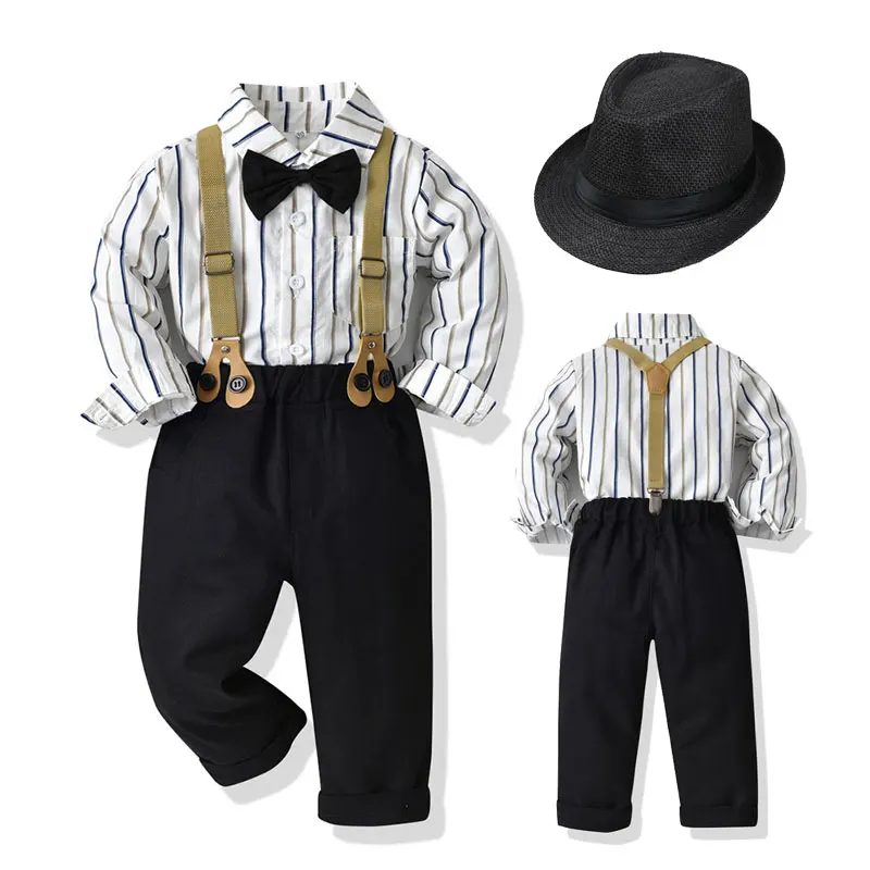 Baby Clothes Set Kids Clothes Boys British Gentlemen Suits Stripes Shirt with Suspender Pants Bowtie Formal Children's Clothing