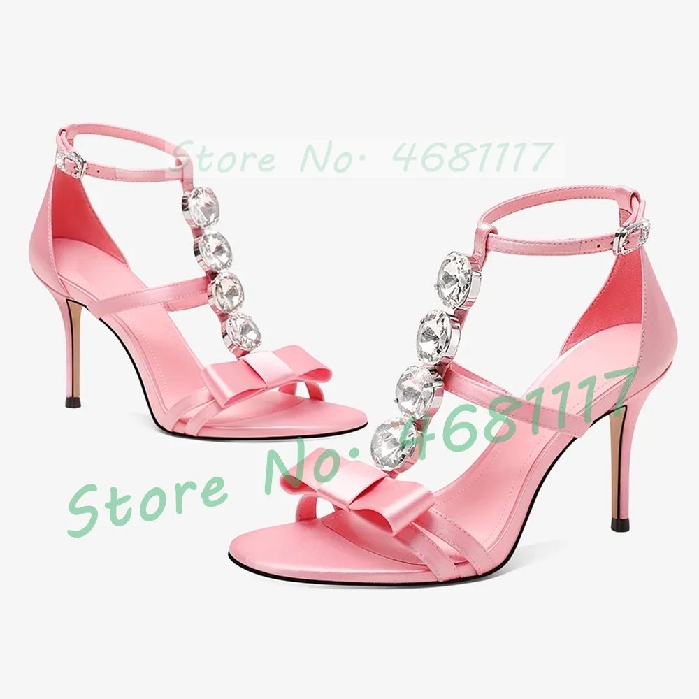 

Pink Satin Bow High Heels Sandals Women Bling Crystal Thin High Heels T Strap Shoes Lady Casual Green Party Evening Gem Sandals