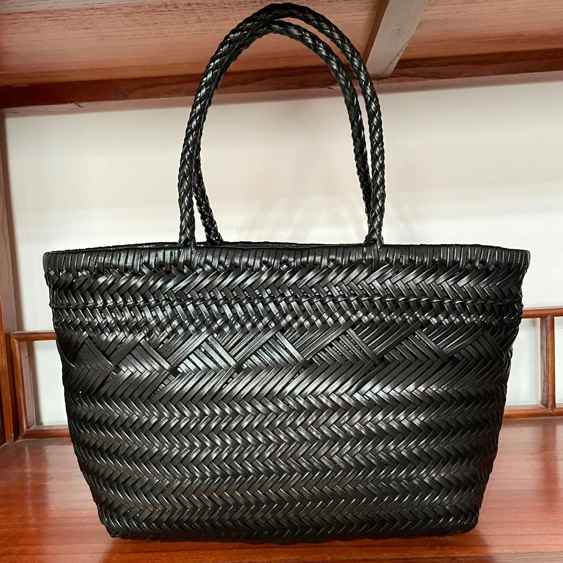 French Style Woven Basket Bag Real Leather Handmade Women\'S Handbag Popular Hot Selling