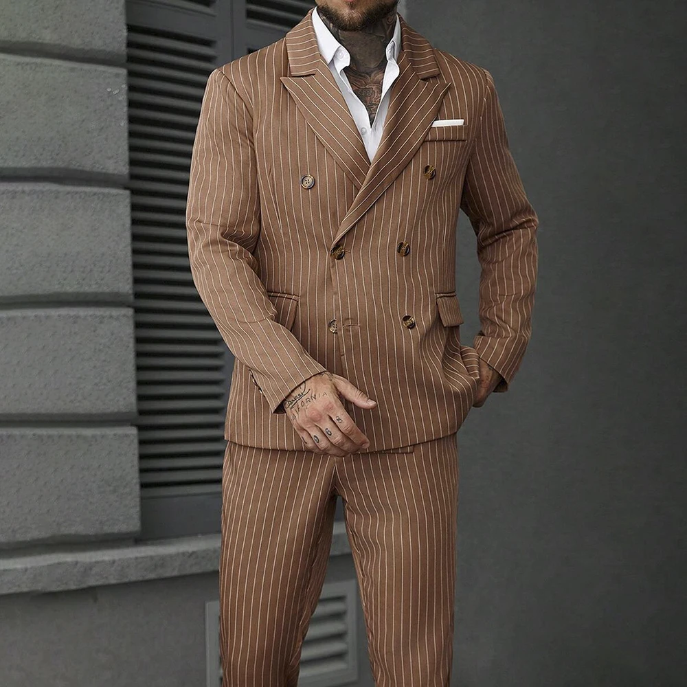 

Мужские костюмы в тонкую полоску по индивидуальному заказу, элегантные двубортные узкие костюмы с острым лацканом, куртка, брюки, деловая мужская одежда, костюм