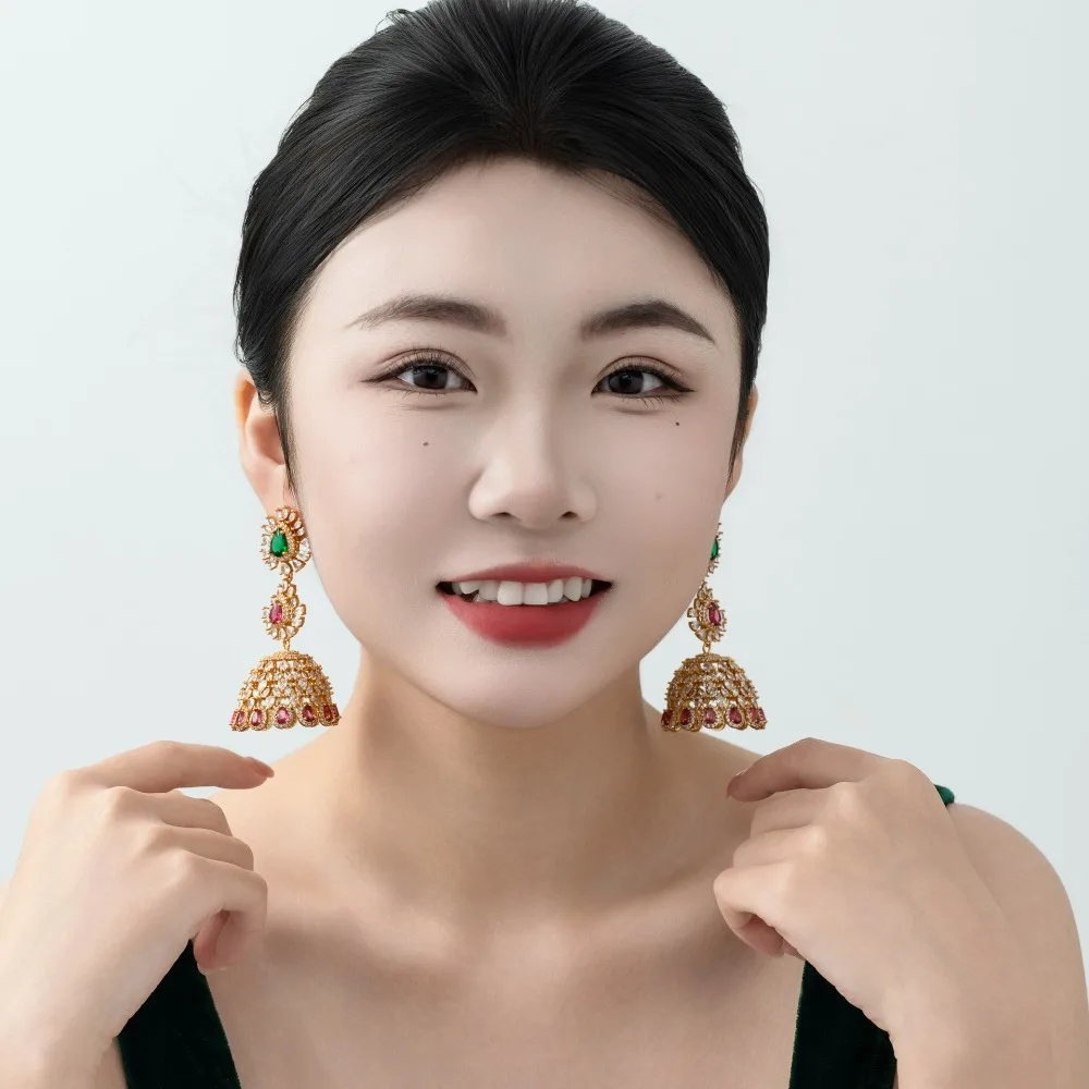 Heavy Industry Retro Palace Style Three-dimensional Water Drop Bell Lantern Earrings Exotic Emerald Peacock Zircon Paved Earring