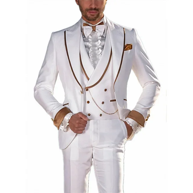 White Wedding Tuxedo For Men Suits With Double Breasted Waistcoat Pants Peak Lapel Blazer 3 Piece Custom Prom Costume