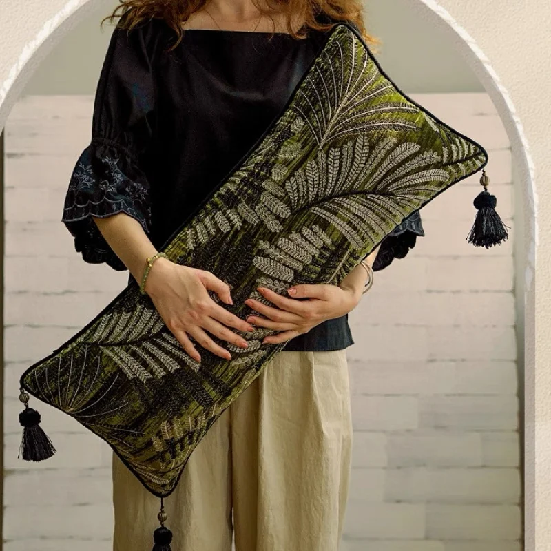 Deep Green Leaf Pillows Luxury Plants Cushion Case Retro Embroidery Decorative Pillow Cover For Sofa Chair Home Decorations