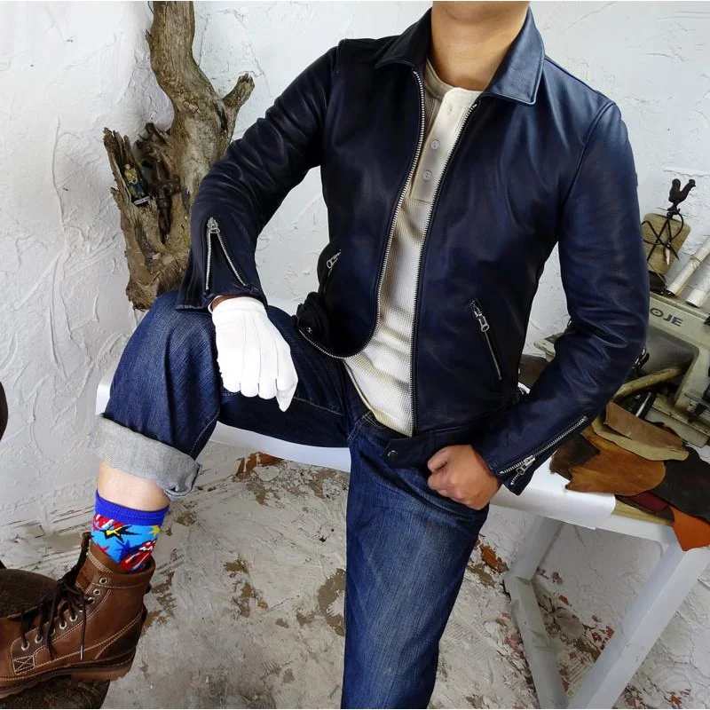 

Мужская теплая куртка из натуральной коровьей кожи цвета индиго с эффектом потертости, на флисовой подкладке, в британском стиле, с отложным воротником, прямого кроя