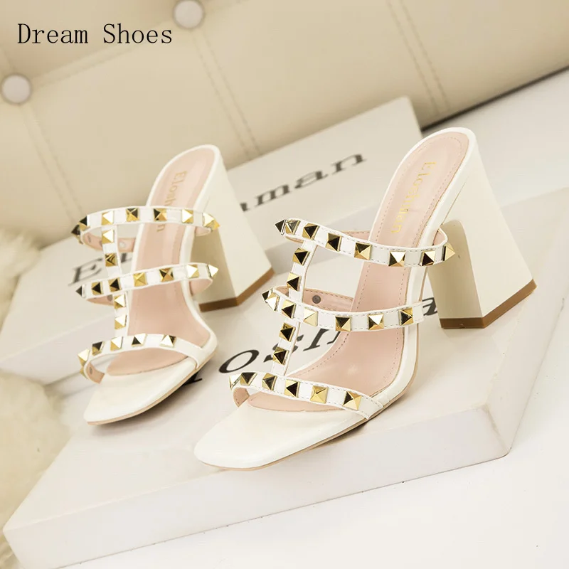 

American Style Square Toe Open Toed Slim Heeled Slippers, Fashionable Studded Roman Women'S Shoes, High Heels Paired With Skirts
