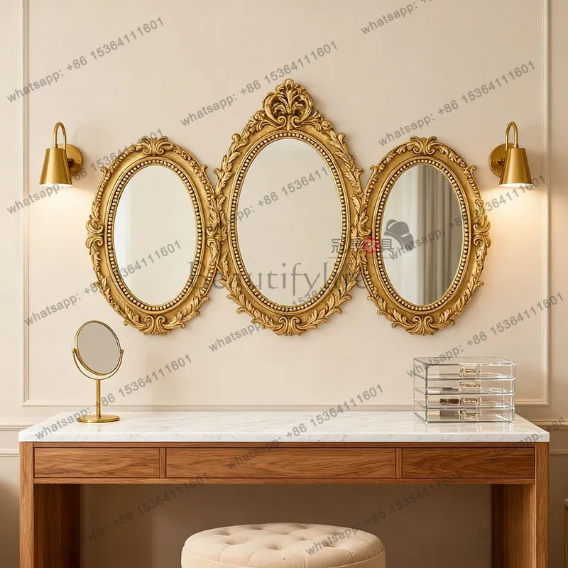 LS French toilet carved bathroom mirror retro three-sided European entrance fireplace decorative mirror