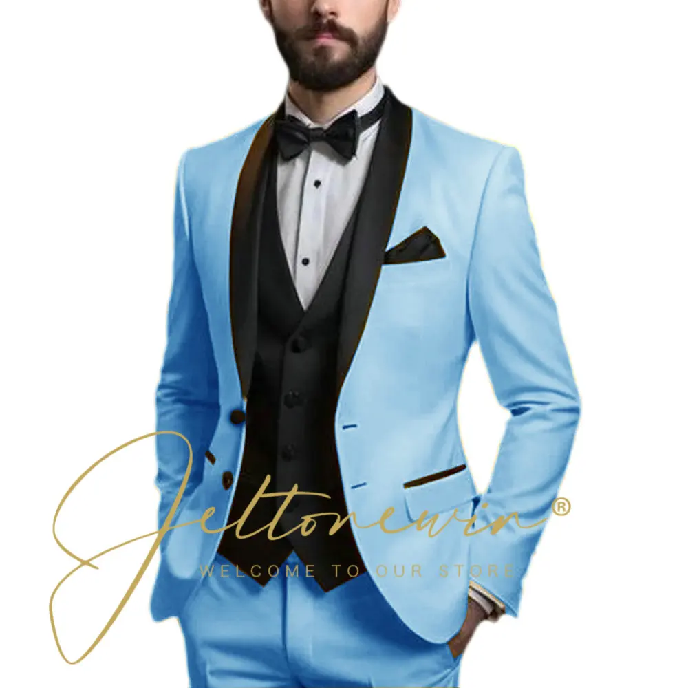 Sky Blue Shawl Lapel Casual Tuxedos For Wedding Groomsmen Suits Men 2024 (Blazer+Vest+Pants) Mens Suits 3 Pcs