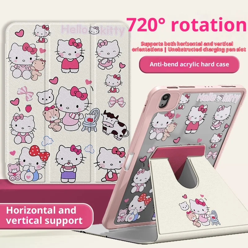 

Чехол MINISO Hello Kitty для iPad Funda ipad 9/10/11 A16 11 дюймов, защитный чехол Air4 5 10,9 дюйма M2 M3 Pro4 5 6 12,9 дюйма M4, чехол для планшета