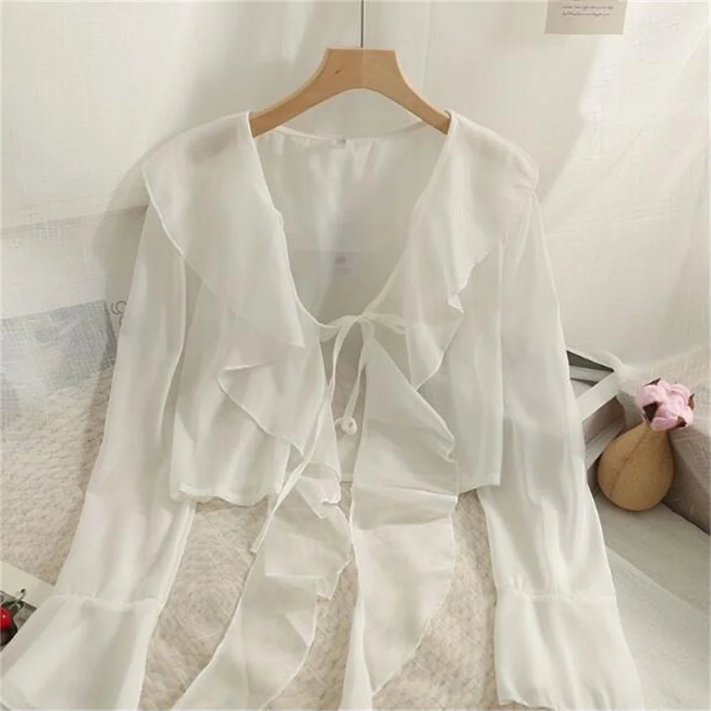 Long Sleeve Thin Breathable T-shirts Women Lace Bow Cardigan Blouse Clothing Ruffles Sun-protection Outwear Blouse For Covers