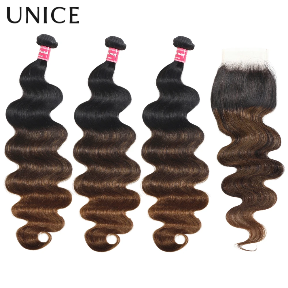 Unice Capelli Castano Marrone Ombre Onda Del Corpo 2/3/4PCS Fasci Con 1PC 4x4 Pollici Chiusura Del Merletto Fasci di Capelli Umani Al 100%