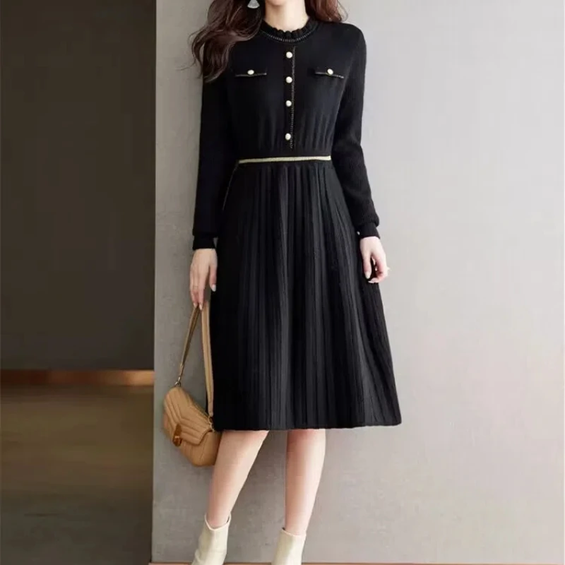 

Вязаный однотонный женский свитер с длинными рукавами и пуговицами-фонариками, полувысокий воротник, пояса с винтовой резьбой, осенне-зимние платья XQ208