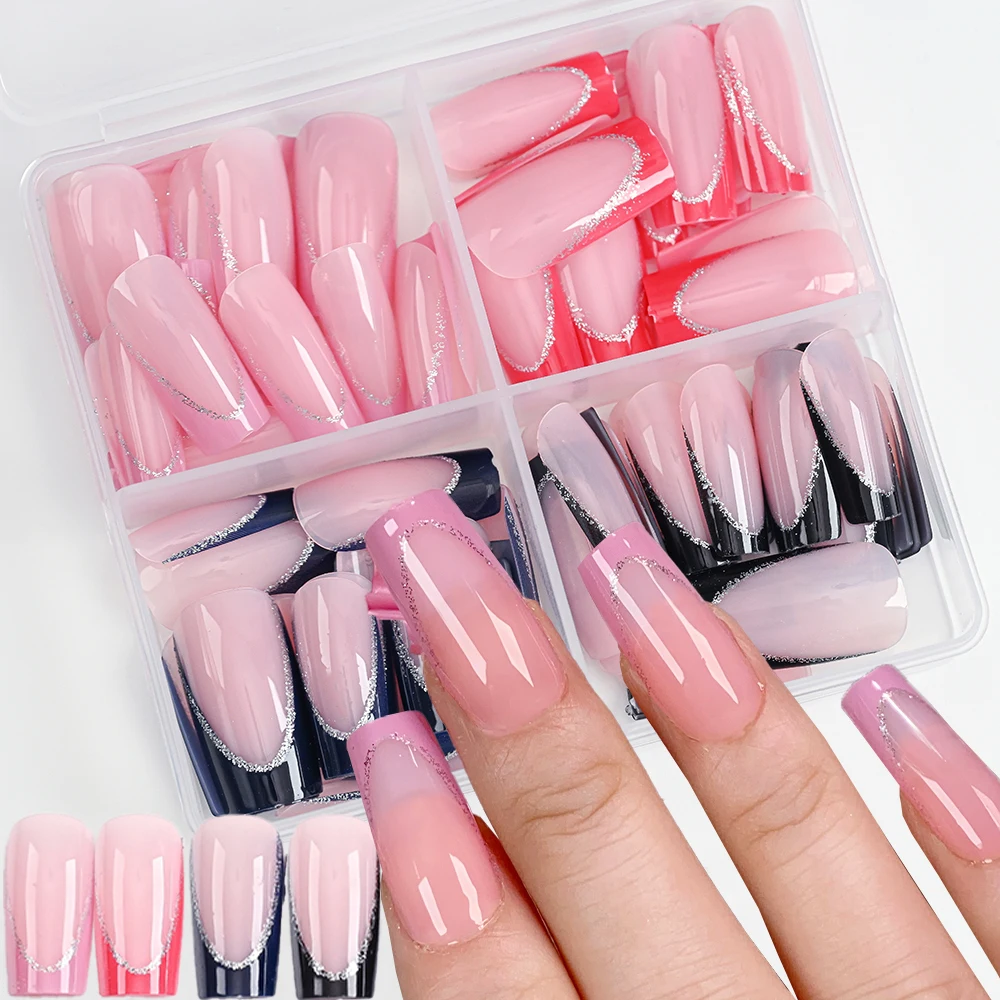 96 шт., длинные гробы, французские накладные ногти, розовые, красные, черные, блестящие, французские накладные ногти, акриловые, с полным покрытием, телесные накладные ногти балерины # @