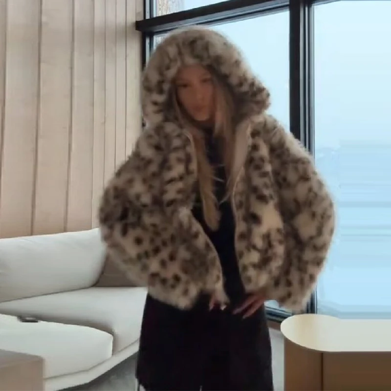 

Women's Hooded Zipper Leopard Print Fashion Jacket Warm Pocket Versatile Coat Date Commuter Clothing Women's New Casual Clothes