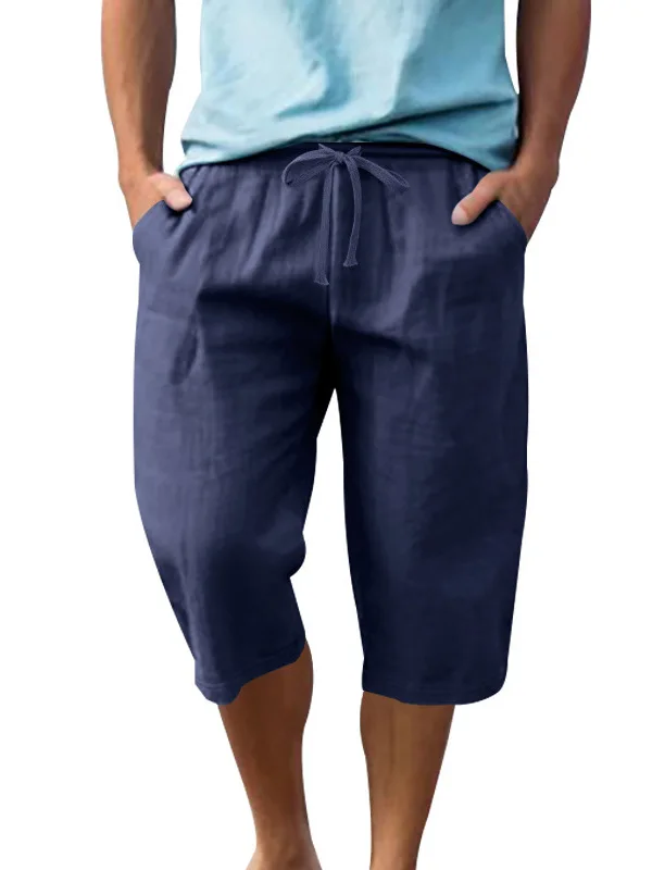 

Summer Men's Loose Color Casual Sports Beach orts High Waist Straight Leg Linen Seven-Foot Pants Faion Urban Sle
