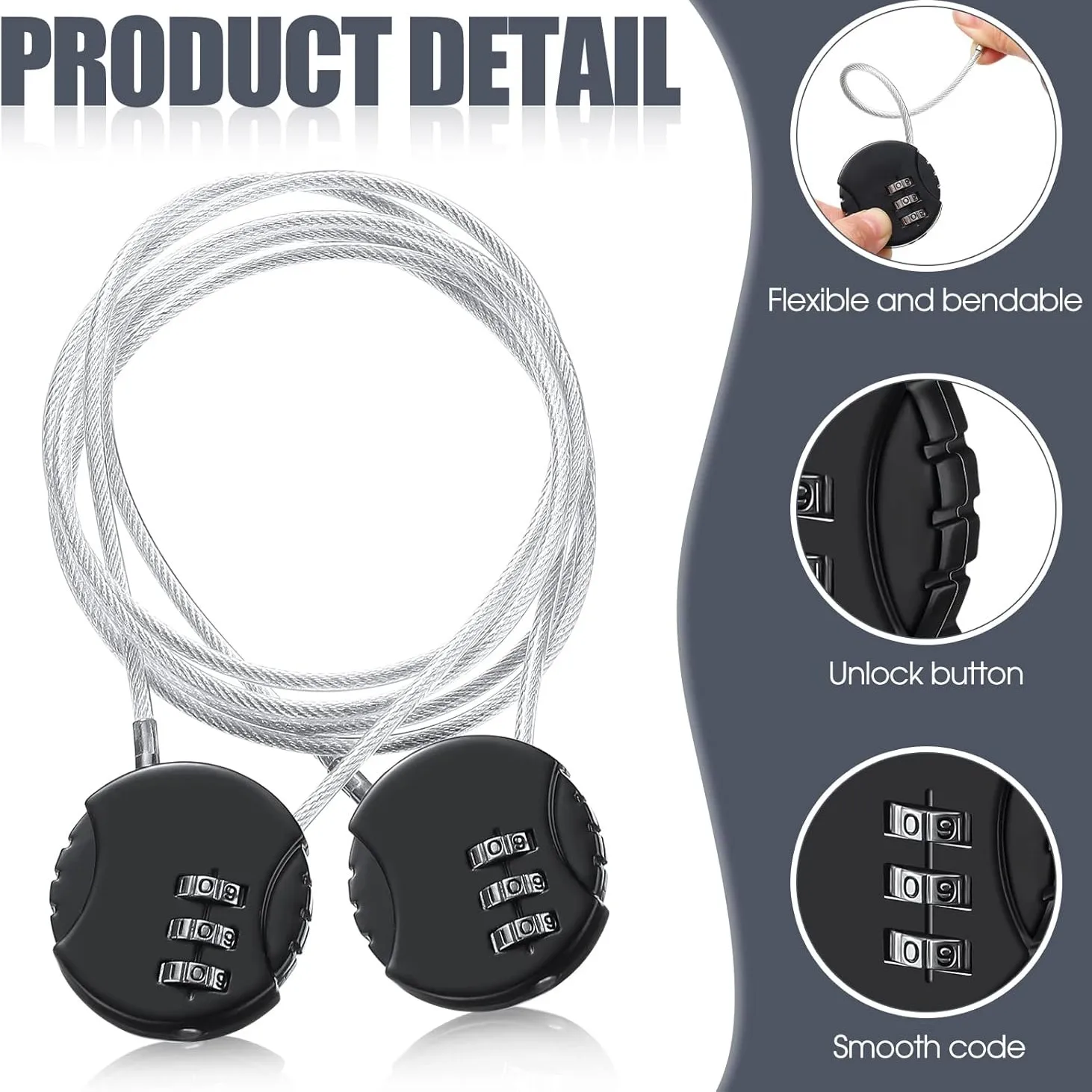 40cm Cable Combination Lock, 3 Digit Outdoor Waterproof Padlock Code Lock Cable Luggage Locks for Backpack, Suitcase image 6