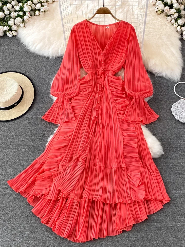 2024 Autumn New Holiday Style Ankle Length Long Dresses Women Sexy V Neck Puff Sleeve Lace Elegant Evening Party Summer Dress