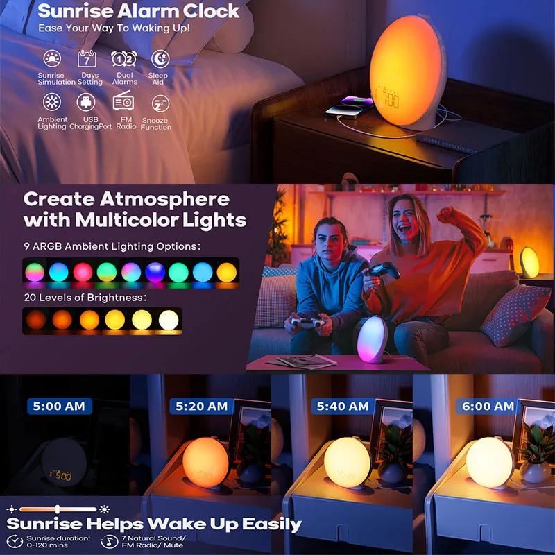 LED Atmosphere Lamp Digital Desk Wake Up Light Clock with FM Radio Natural Sounds Nightlight for Smart Home Bedroom Bathroom