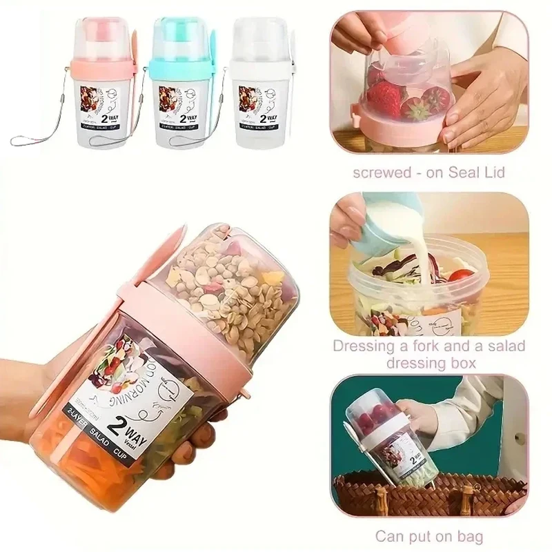 2Tier Salad Cup Breakfast Fruit Oat Yogurt Salad Cup With Spoon Two Layer Food Portable Fitness Weight Reducing Food Storage Cup