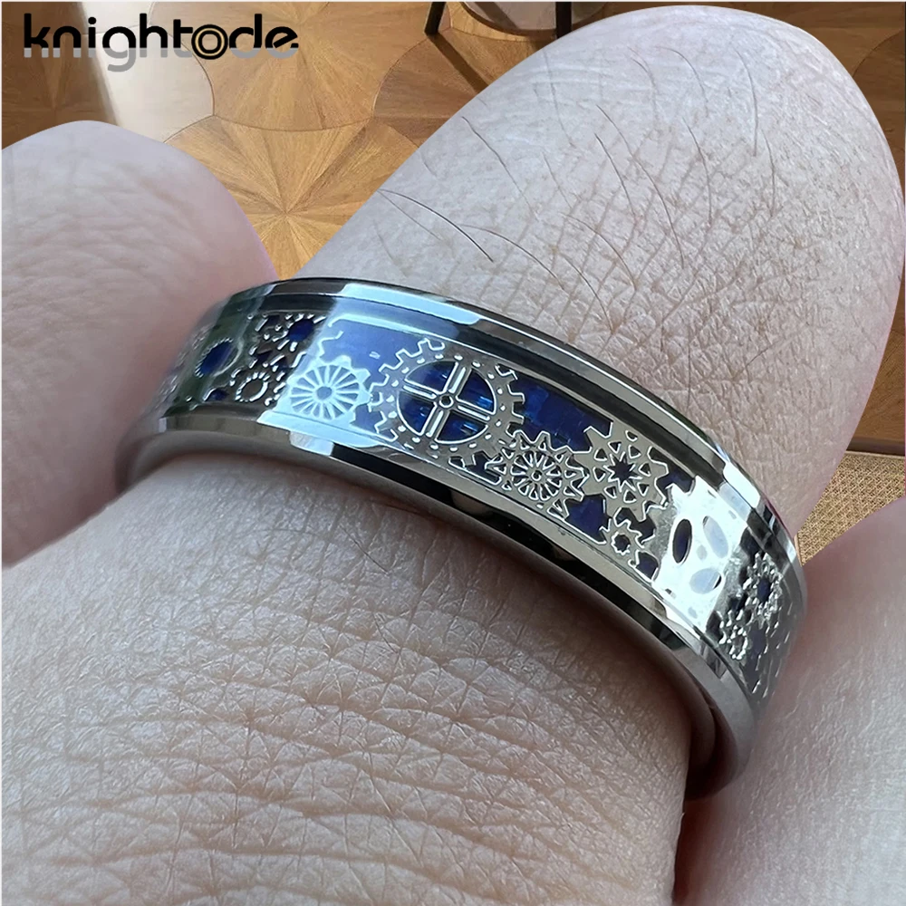 8mm Carbon Fiber Inlay Mechanical Gear Wheel Tungsten Carbide Rings Wedding Band Beveled Edges Polished Comfort Fit