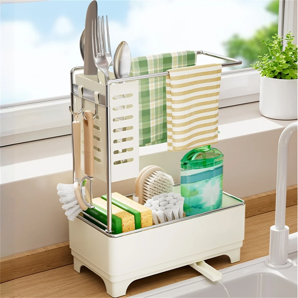 Kitchen Sink Drain Rack with Sponge Holder Soap Dispenser and Towel Bar Designed for Tidy and Dry Kitchen Counters