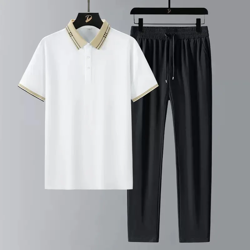 

New Summer Fashion Trendy Solid Color Ice Silk Sports Short Sleeve Polo Shirt Set Men's Casual Loose Plus Size Two-Piece Set