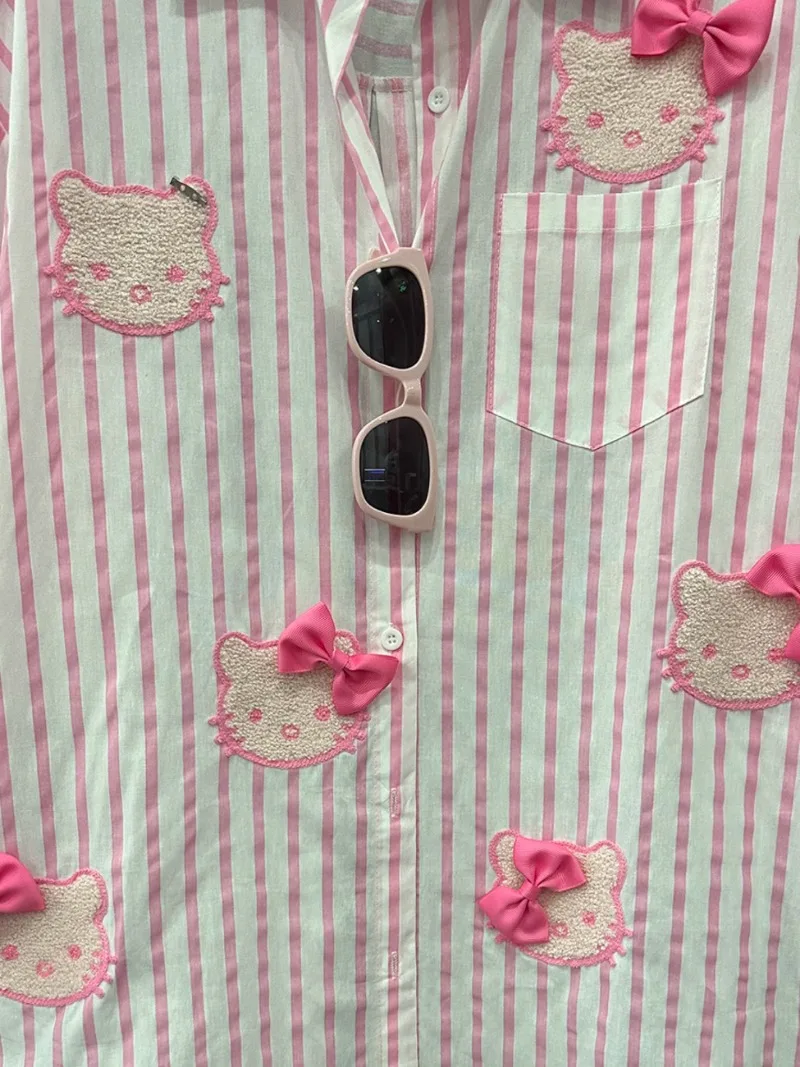 Verão novo doce bonito topo idade-reduzindo listrado camisa de manga comprida roupas kawaii feminino solto médio e longo blusa de mujer