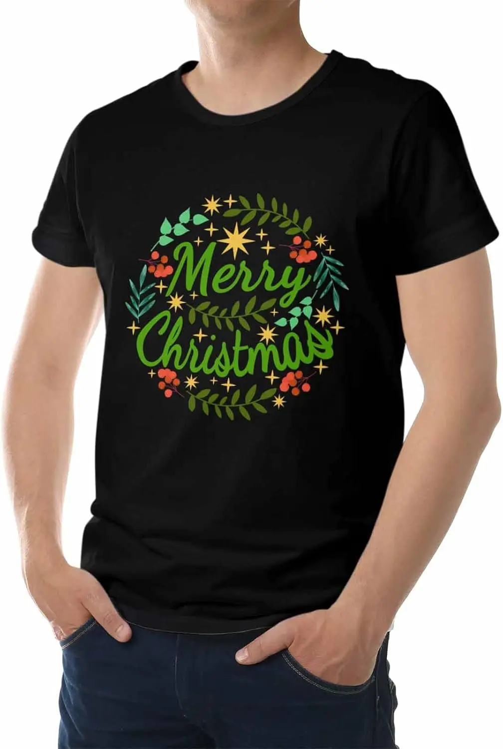 Men's T-Shirt, Novelty Graphic T-Shirt Green Merry Christmas Berry Leaves Cotton Crew Neck Men's Short