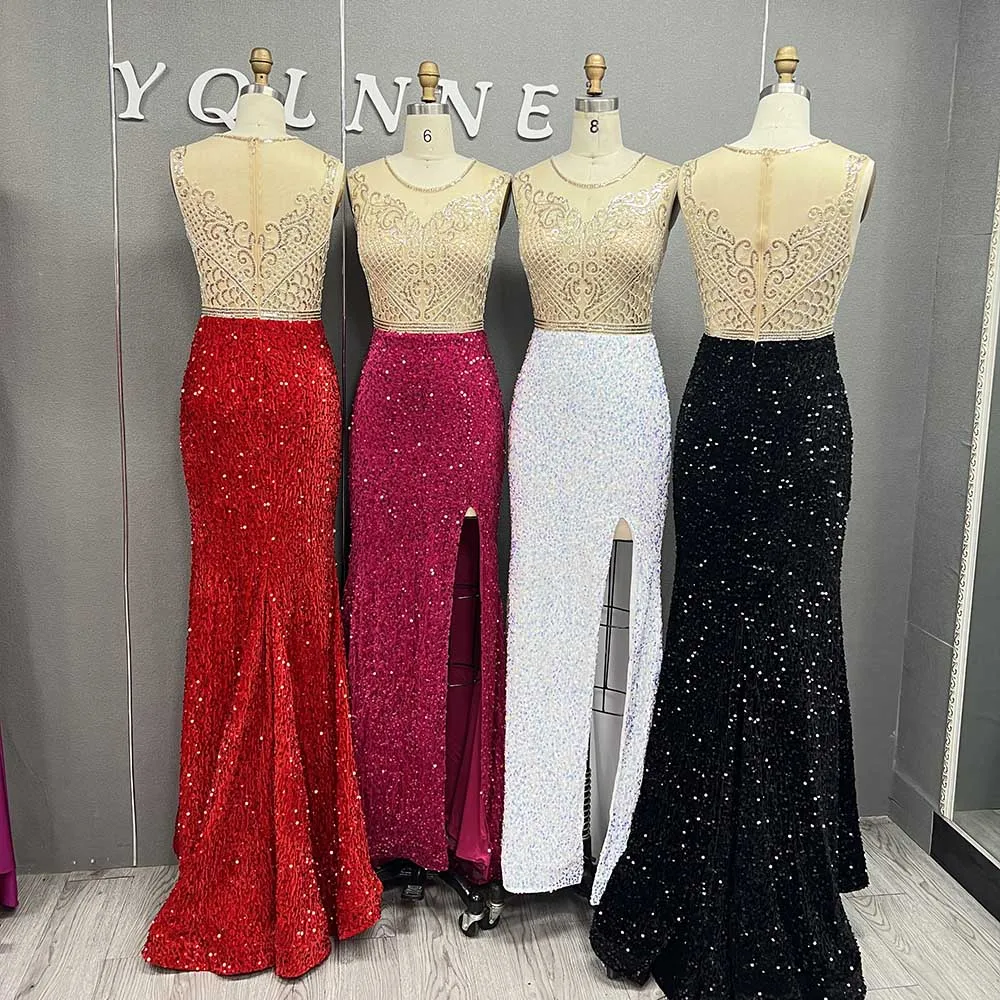 2024 Elegant Black Velvet Sequined Long Prom Dresses Left Split Mermaid Formal Women Evening Gown