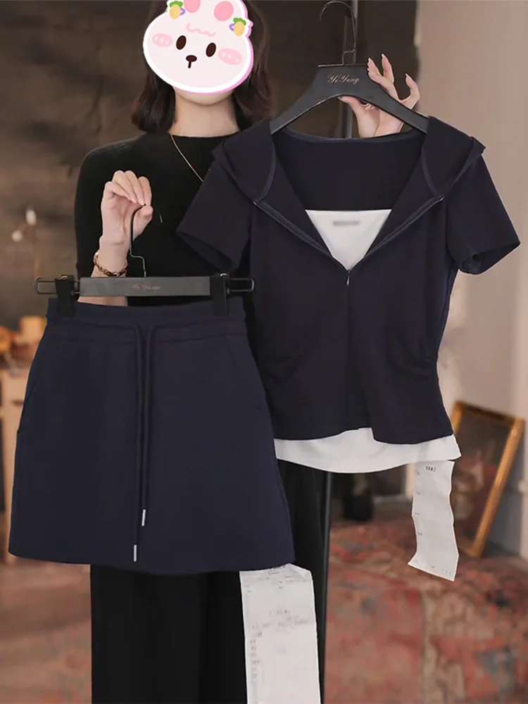 

Summer Faion Casual ort Sve T-irt And Skirt Two-Piece Set Slimming Sle f-Length Skirt Ensemble for Women