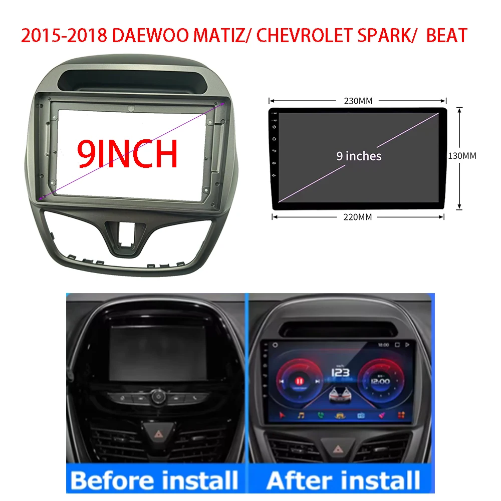 

For 2015-2018 DAEWOO MATIZ/ CHEVROLET SPARK/ BEAT (9INCH) Android Car Radio Fascia MP5 Player Stereo 2Din Head Unit Panel Frame