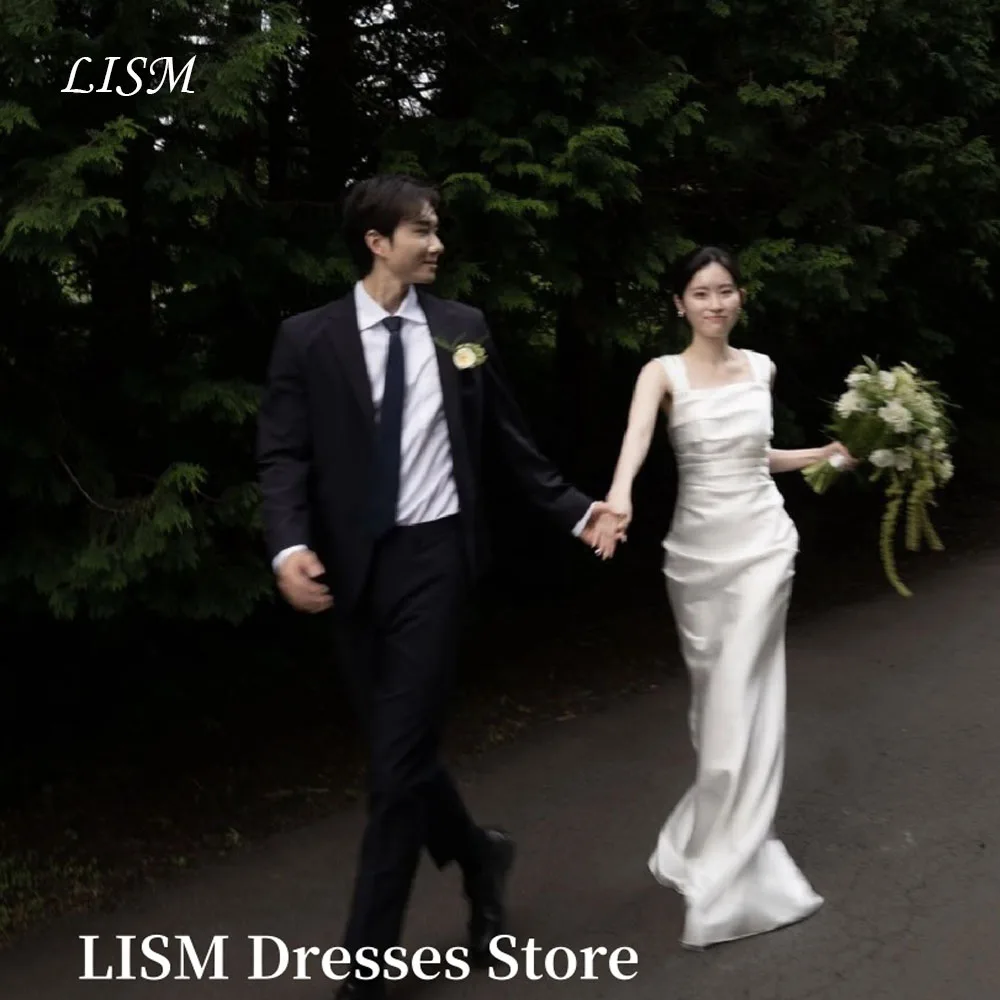 

LISM Elegant Korea Wedding Dresses Photo Shoot Square Collar Satin Off Shoulder Floor Length Bridal Gowns 웨딩드레스 Customized