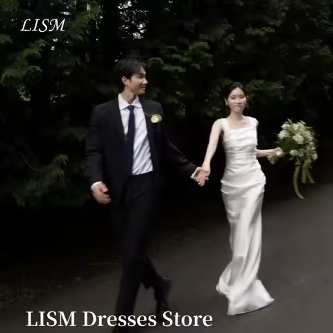 LISM 우아한 한국 웨딩 드레스 사진 촬영 스퀘어 칼라 새틴 오프 어깨 바닥 길이 이브닝 가운 웨딩 드레스 맞춤형